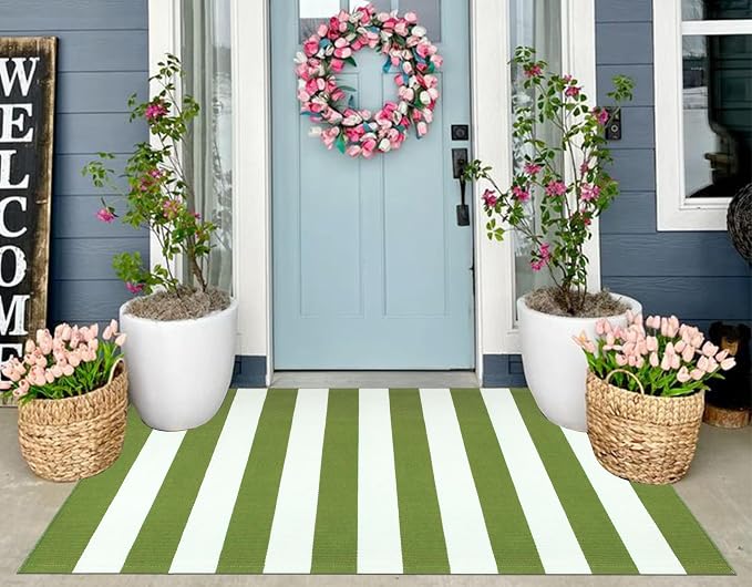 3'x5'Outdoor Rug,Striped Cotton Woven Washable Front Porch Rug Green and White Farmhouse Entry Rug Indoor Outdoor Area Rug for Porch/Home Entrace Decor/Bedroom/Layered Door Mats