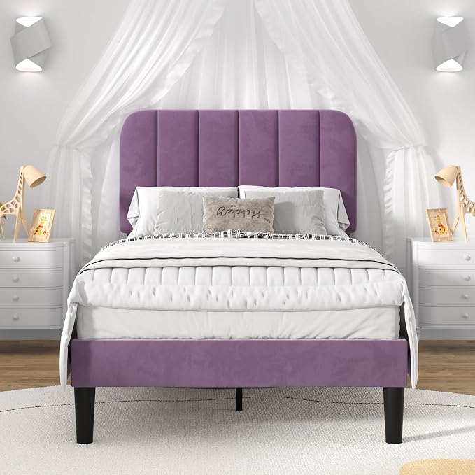 VECELO Twin Size Bed Frame with Upholstered Headboard, Velvet Platform Bedframe Mattress Foundation, Strong Wood Slat Support, No Box Spring Needed,Purple
