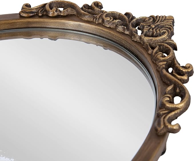 Kate and Laurel Arendahl Vintage Oval Mirrored Decorative Tray; 17 x 10; Antique Gold; Traditional Ottoman Tray for Living Room Home Decor with Ornate Detailing