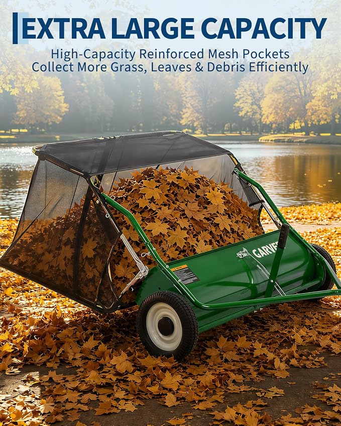 Garvee Tow Behind Lawn Sweeper 48 Inch, Heavy Duty Leaf & Grass Collector | Yard Sweeper Pull Behind,16 cu.ft. Leaf Collector,Tool-Free Adjustable Brush Height,Dumping Rope for Yard,Driveway,Sidewalk
