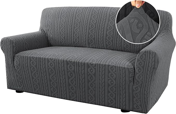 H.VERSAILTEX Couch Cover 1 Piece Stretch Sofa Covers Washable Furniture Covers Anti-Slip Soft Dogs Slipcovers Washable Upgrade Thick Jacquard Fabric with Spiral Pattern(58"-70", Grey)