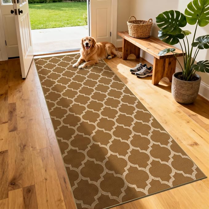 Washable 2x6 Moroccan Trellis Easy Jute Runner Rug, Khaki Neutral Boho Outdoor Indoor farmhouse Patio Area Rugs, Woven Lightweight Non Slip Long Runner Carpet Door Mat for Hallway Kitchen 6ft Entryway