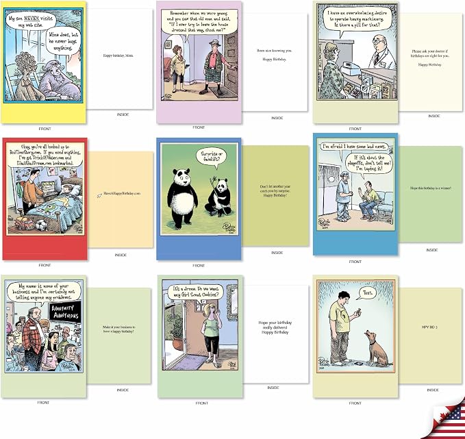 NobleWorks - 36 Assorted Funny Birthday Greeting Cards Bulk Box Set w/Envelopes (36 Designs, 1 Each) engaging B-day Cartoon Humor Bulk Variety Pack for Men and Women - A Bizarro Bash AC9376BDG-B1x36