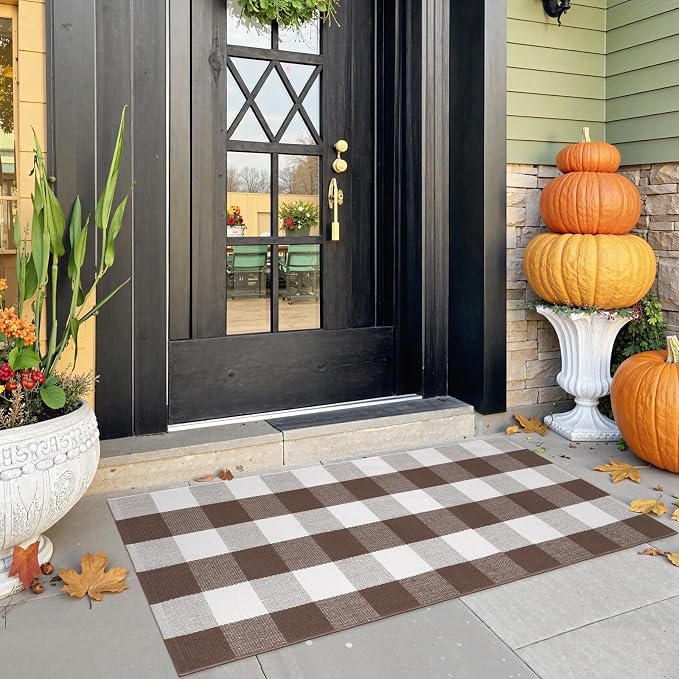 KIMODE Fall Decor Front Door Mat Buffalo Plaid Outdoor Rug 24"x51" Brown and White Checkered Rug Farmhouse Fall Thanksgiving Front Porch Rug Cotton Washable Layered Doormats Autumn Mats