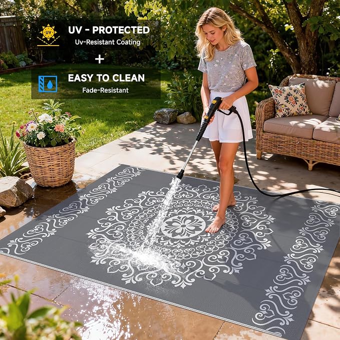 Pauwer Outdoor Rug 6x9, Waterproof Plastic Straw Camping Rug, Floral Grey | Reversible Patio Rug, UV Resistant Indoor Outdoor RV Mat Carpet For Deck, Camper, Porch, Balcony, Backyard, Picnic, Foldable