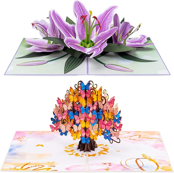 Paper Love Pop Up Cards 2 Pack - Includes 1 Lilies and Butterfly Tree, For All Occasions, Mother Day, Birthday, Just Because- Includes Envelope and Note Tag