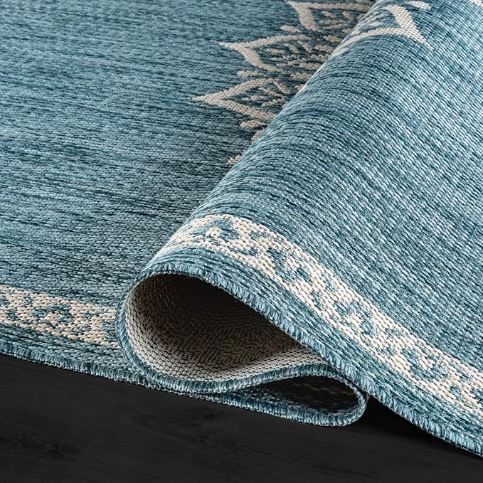 CAMILSON Outdoor Rug 5x7 Medallion Aqua Modern Area Rugs for Indoor and Outdoor Patios Kitchen and Hallway Mats Washable Porch Deck Outside Carpet (Medallion Aqua 5 x 7)