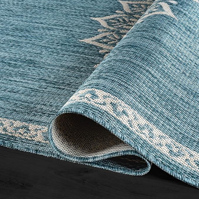 CAMILSON Outdoor Rug 8x10 Medallion Aqua Modern Area Rugs for Indoor and Outdoor Patios Kitchen and Hallway Mats Washable Porch Deck Outside Carpet (Medallion Aqua 8 x 10)