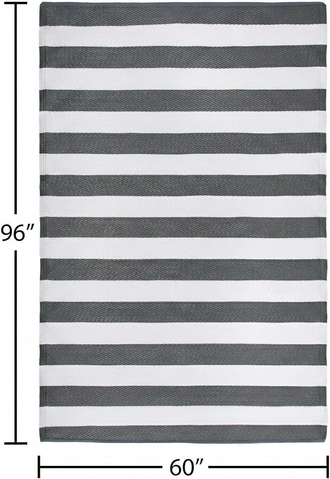 FH Home Outdoor Rug - Waterproof, Fade Resistant, Crease-Free - Premium Recycled Plastic - Geometric - Patio, Porch, Deck, Balcony - Brittany Stripe - Gray & White - 5 x 8 ft