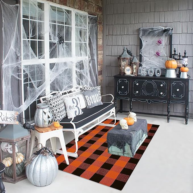 Bottalive Buffalo Plaid Outdoor Rugs, 3'x5' Orange and Black Checkered Indoor/Outdoor Area Rug, Layering Rug for Hello/Welcome Door Mat, Washable Cotton Woven Farmhouse Mat for Fall Front Porch Décor