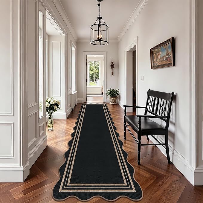 Scalloped Easy Jute Kitchen Runner Rug, 2.6x10 Non Slip Entryway Runner Washable Outdoor Indoor Long Rug, Farmhouse Morden Carpet for Hallway Bedroom Laundry