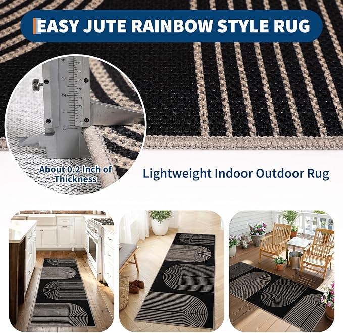GarveeHome Modern Rainbow Easy Jute Runner Rug, 2x8 Runner Rug for Hallways Non-Slip Indoor Outdoor Carpet, Washable for High Traffic Laundry Room, Kitchen, Entryway