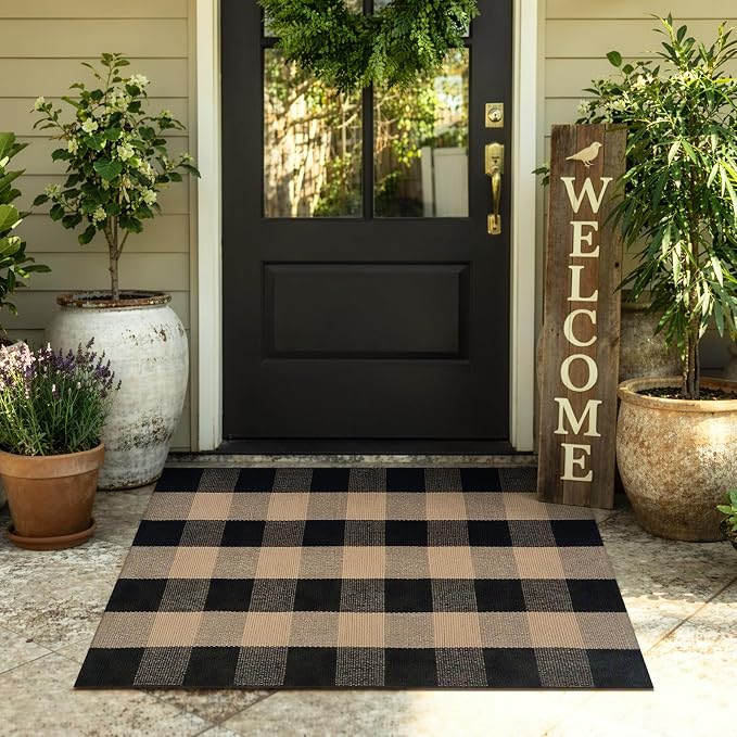 Uphome Bufflo Plaid Outdoor Rug 27.5"x43", Black Natural Checkered Front Door Mat for Fall Decor, Indoor Outdoor Farmhouse Cotton Porch Rug for Layered Door Mats, Washable Area Rugs for Entryway