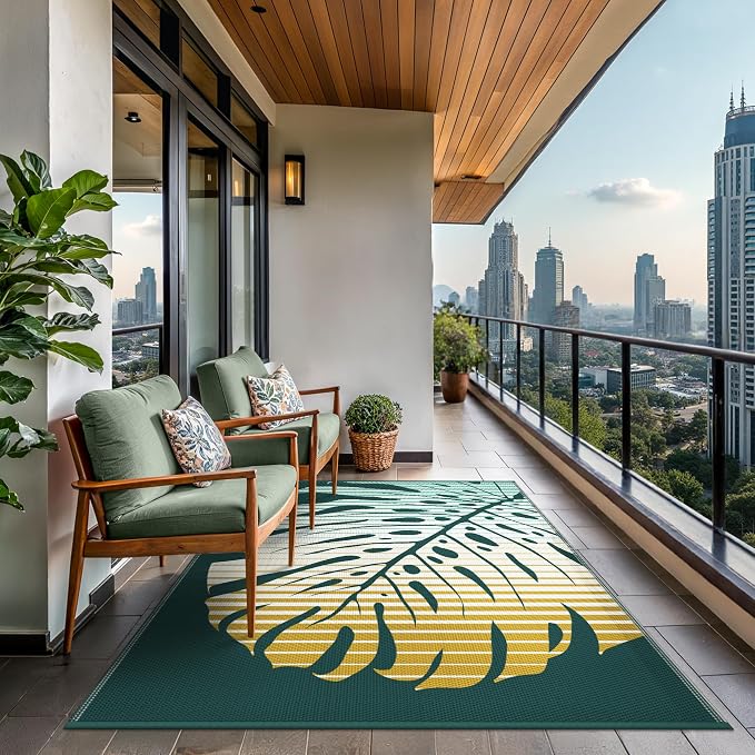 GENIMO Outdoor Rug, Waterproof Plastic Rugs for Patio, 6'x9' Yellow Green | Outside Larger Leaf Carpet Mat for Porch Decor, Deck, Balcony, Camping, RV, Backyard, Picnic, Beach, Reversible, Foldable
