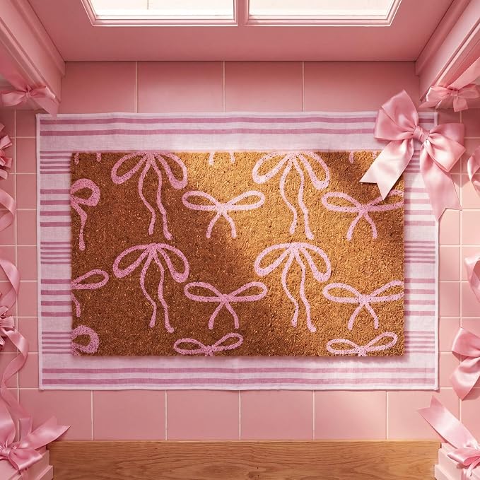 Moucuny 2 Pcs Pink Bow Coir Doormat Outdoor 16 x 28 Inches Coquette Welcome Door Mat 24 x 35 Inche Pink and White Striped Rug Non Slip Bow Coquette Coir Mats for Front Door Porch Entryway Decor