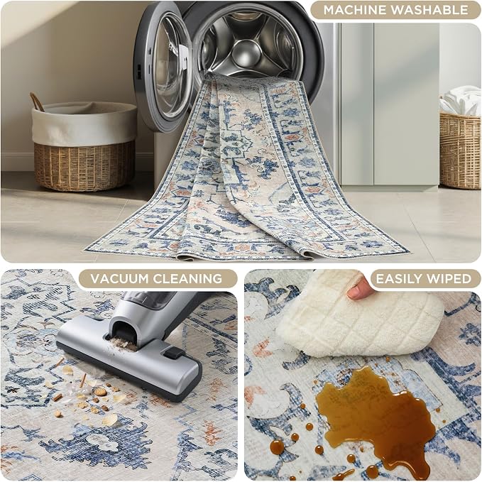 Joydeco Washable 2x5 Hallway Runner Rug Vintage, Blue Grey | Water Resistant Low Pile Non Slip Backing for Kitchen Entryway Bathroom Dining Room