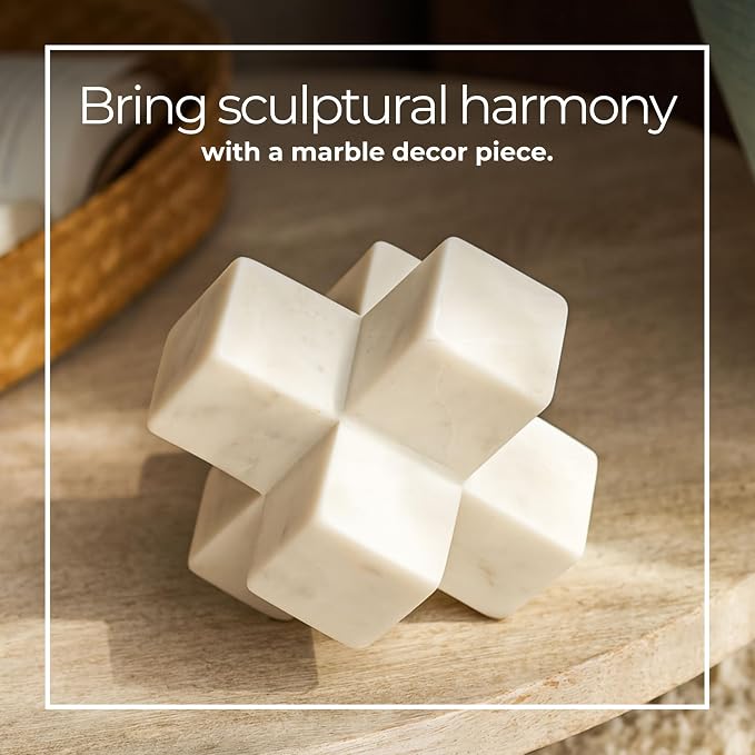Geometric Cube Decorative Object – Marble Sculpture Modern Home Decor Ornament – Shelf Styling & Coffee Table Decor for Bathroom, Office & Living Room – 6.5", White