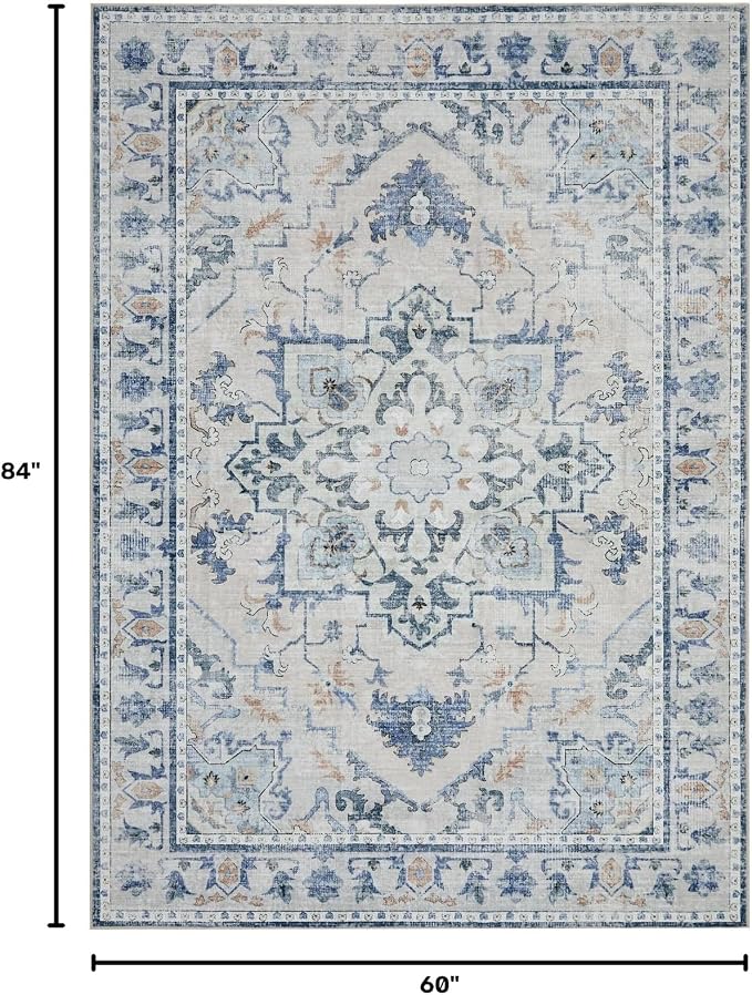 Joydeco 5x7 Area Rug for Livingroom, Bed Room, Home Office, Blue Grey | Vintage Machine Washable Non Slip