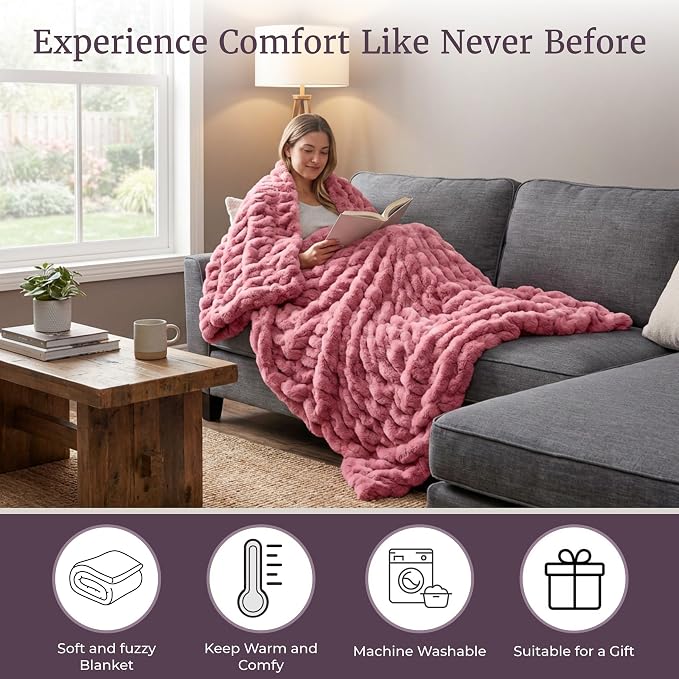 Lavish Home Oversized Ruched Faux Fur Blanket, Pink, 60” x 80” | Plush Polyester Faux Fur Queen-Size Throw for Sofas and Beds - Luxuriously Soft Bedding