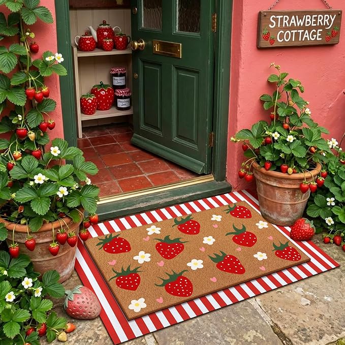 Tinideya 2 Pcs Strawberry Door Mat Summer Welcome Non Slip Coir Fruit Pattern Mats Floor Layering Red and White Stripe Doormats Seasonal for Front Porch Entryway Decor(Strawberry)