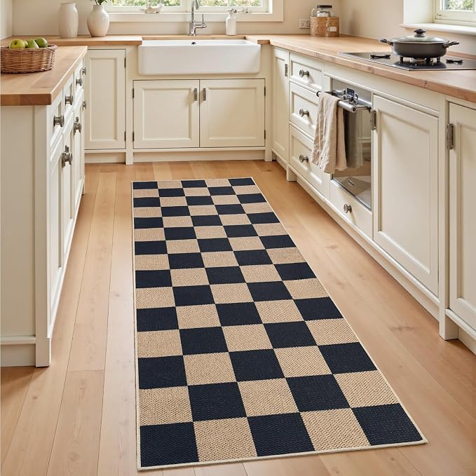 EDIMENS 2x6 Checkered Easy Jute Washable Kitchen Indoor Outdoor Runner Rug | Non Slip Front Door Runner Rug for Laundry Balcony Low Pile Rugs Black Checkerboard Carpet for Hallway 6ft Entry