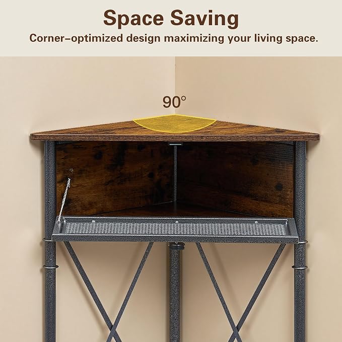 VECELO Corner Cabinet/Table, 3-Tier Display Shelves with Protection Door, Metal Frame Storage Shelf Organizer for Small Space, Living Room, Kitchen, Bathroom