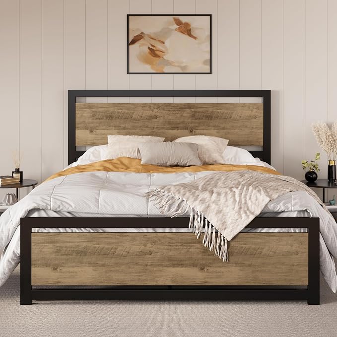 SHA CERLIN Heavy Duty Queen Size Bed Frame with Modern Headboard, Brown | Platform Metal Base with Square Footboard and 13 Strong Slats Support, No Box Spring Needed
