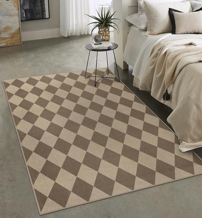Rugalia Easy Jute 5x7 Outdoor Patio Rug, Washable Brown Checkered Rugs for Living Room, Non-Slip Farmhouse Diamond Outdoor Mat Neutral Abstract Floor Carpet for Patio Dining Room Backyard