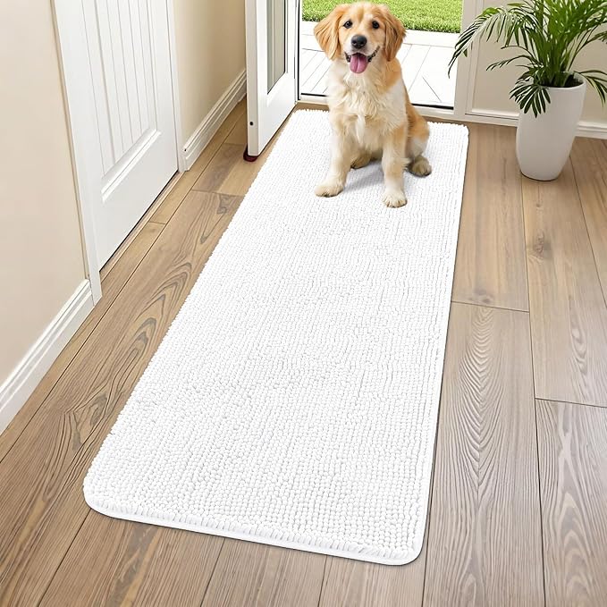 Smiry Dog Door Mat for Muddy Paws 54x24, Absorbent Dirt Trapper, Non-Slip Washable Chenille Entryway Rug for Inside Floor, White, Classic Solid