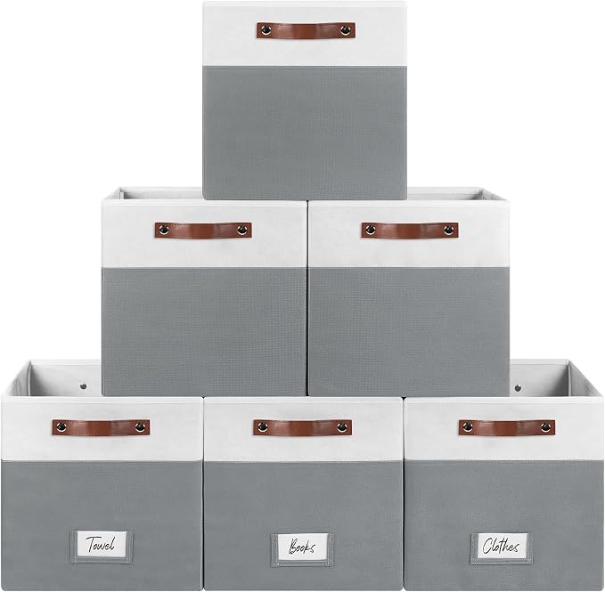 FinishingBo 13 inch Storage Bins with Labels 6 Pack | PU Leather Handles, Foldable Storage Cubes, Storage Baskets, Closet Storage, White/Dark Grey