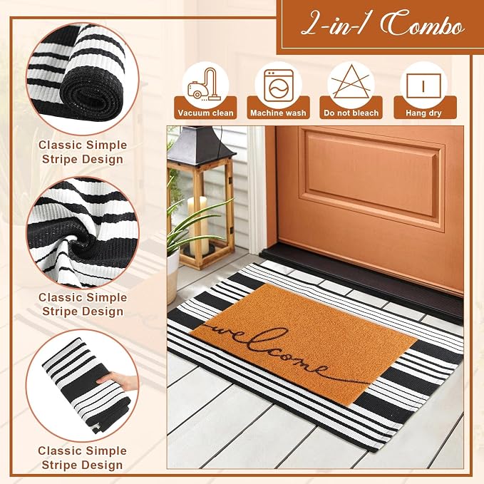 2 Pcs Outdoor Door Mat Combo Set Layered Outdoor Rug and Coir Welcome Doormat Non Slip Outside Floor Mat for Front Porch Entryway Patio Yard Decor(Welcoming,24'' X 35'',24'' X 16'')