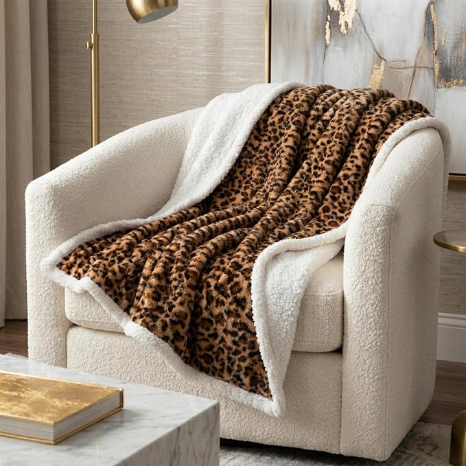 Sherpa Fleece Throw Blanket - 50x60-Inch Machine-Washable Reversible Throw - Fluffy Blankets for Couch, Chair, or Bed by Lavish Home (Leopard)