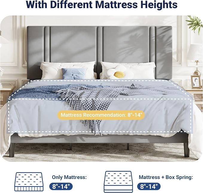 Allewie King Size Platform Bed Frame with Adjustable Headboard | Plush Velvet Upholstered, Vertical Channel Tufted, Sturdy Wood Slats, No Box Spring Needed, Easy Assembly, Grey