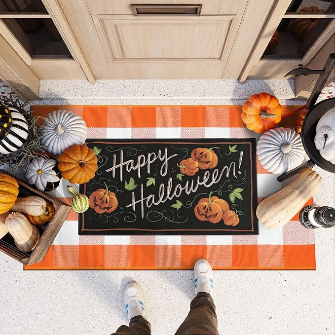 Collive Buffalo Plaid Checkered Outdoor Rug, White and Orange Halloween Fall Decor Door Mat, Washable 27.5x43 Inches Front Porch Rug, Layered Welcome Mat Doormat for Porch Entryway Patio Kitchen