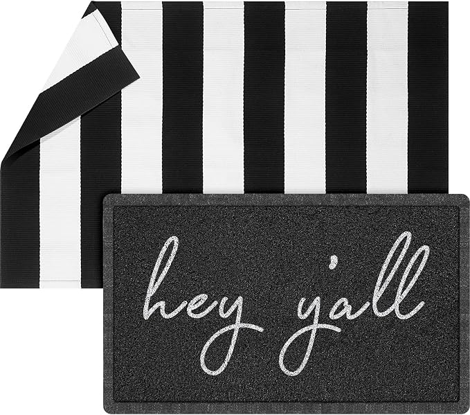 Geelin 2 Pcs 30'' x 18'' Doormat 43'' x 27.5'' Black and White Layered Rug for Front Door Mat Outside Entrance Welcome Door Mats for Indoor Outdoor Entryway Porch Decor (Stripe Hey Y'all)
