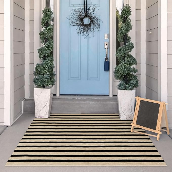 KIMODE Black and Khaki Striped Outdoor Rug 3'x 5', Washable Reversible Fall Outdoor Patio Rugs, Cotton Hand-Woven Farmhouse Welcome Layered Door Mats for Front Door, Entryway, Porch Decor