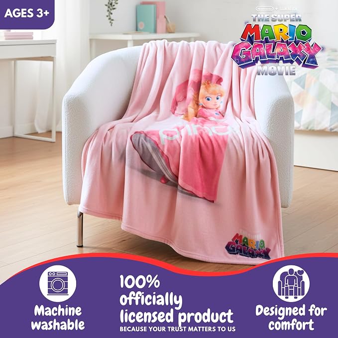 The Super Mario Galaxy Movie Throw Blanket, Princess Peach, Soft Cozy Decorative Blanket for Couch, Bed, or Gaming Room (100% Officially Licensed Product) By Franco Collectibles