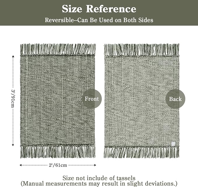 Collive Boho Bathroom Rug 2' x 3', Modern Farmhouse Rugs for Entryway Sage Green Washable Kitchen Mat, Hand-Woven Low Profile Front Door Mat Reversible Porch Carpet for Laundry Bedroom Decor