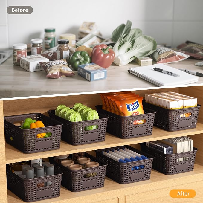 8 Pack Plastic Storage Baskets,Brown Stackable Storage Bins | 5.3qt Storage Containers with Labels for Organizing Shelves Drawers Desktop Closet Playroom Classroom Office