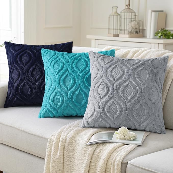 decorUhome Throw Pillow Covers 18x18 Inch Set of 2, Soft Plush Faux Wool Blue Grey Couch Pillow Covers, Spring Solid Dyed Accent Pillow Cases for Sofa Bed Living Room Home Decor