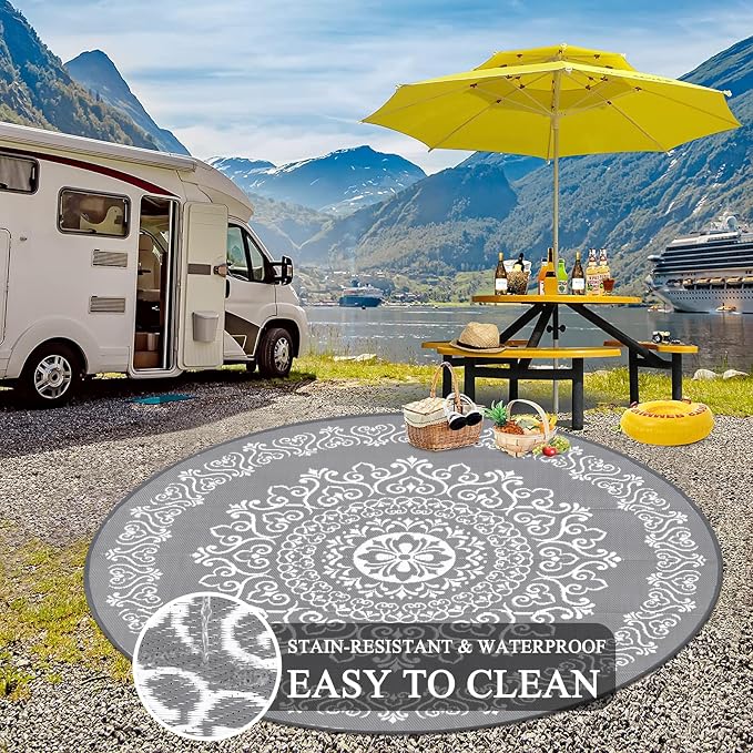 Pauwer Outdoor Rug 8ft, Waterproof Plastic Straw Camping Rug, Floral Grey | Reversible Patio Rug, UV Resistant Indoor Outdoor RV Mat Carpet For Deck, Camper, Porch, Balcony, Backyard, Picnic, Foldable
