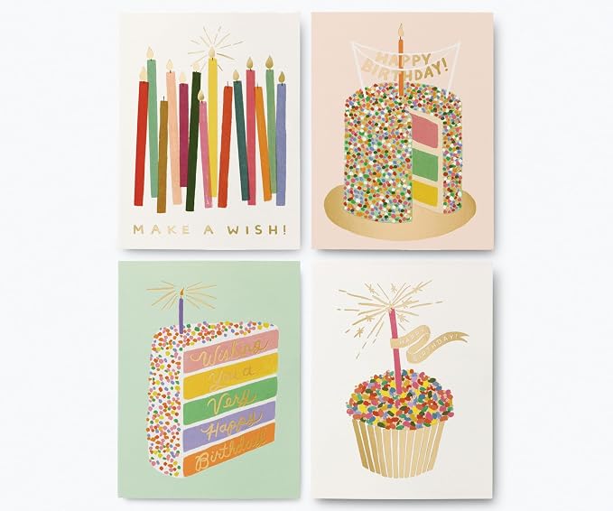 RIFLE PAPER CO. Birthday Candles Keepsake Card Boxed Set of 8, 4.25" L x 5.5" W Blank Interior Lets Your Thoughtful Handwritten Note Take Center Stage, Artisanally Crafted in the USA