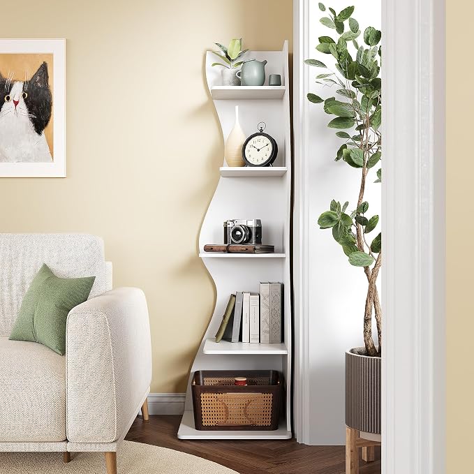 LITTLE TREE 70-Inch Corner Shelf, Seaweed Shaped Etagere Display Bookshelf, Freestanding 5-Tier Wall Shelves for Small Spaces, Bedroom, Living Room, 2 Pack, White