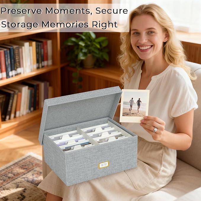 Decorative Photo Storage Box, Linen Photo Box Holds 1700 5x7 Pictures Grey | Photo Storage Containers with 8 Dividers, Memory Keepsake Organizer for Photos, Scrapbook Supplies, Cards, Stamps,Archive Box