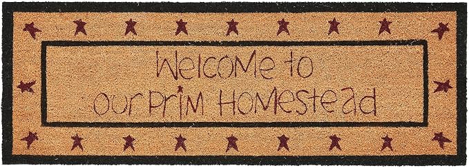 VHC Brands Coir Welcome Door Mat, Entry Rug, with PVC Backing, for Indoor Outdoor Use, Connell Collection, Rectangle 17x48 Doormat, Welcome to Our Prim Homestead, Natural