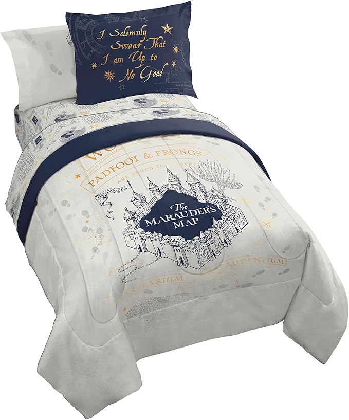 Harry Potter Twin Comforter Set 5 Piece Soft Fantasy Bedding, Beige | Hogwarts, Bed in a Bag, Comforter Sheets Sham Pillowcase, Official Product, Soft Microfiber, Machine Washable, Gift