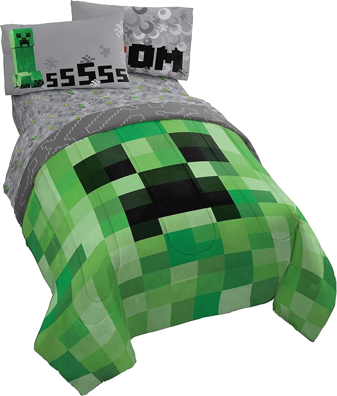 Minecraft Creeper Full Comforter Set 5 Piece Kids Bedding for Boys, Green | Bed in a Bag, Comforter Sheets Pillowcases, Official Product, Soft Microfiber, Machine Washable, Easy Care, Boys Gift