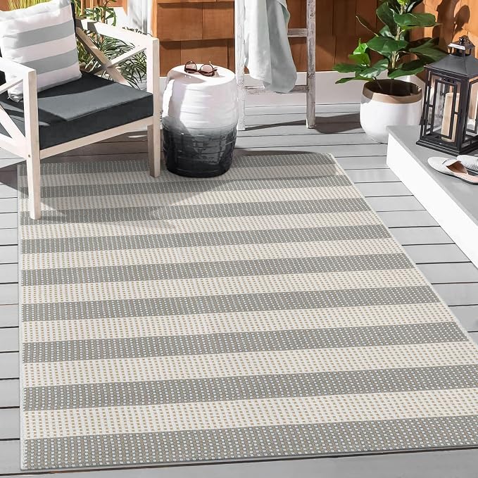 Grey and White Striped Rug-3x5 Front Door Mat Outdoor,Washable Reversible Porch Rug Cotton Hand-Woven Spring Doormat, Foldable Layered Door Mats for Entryway/Farmhouse