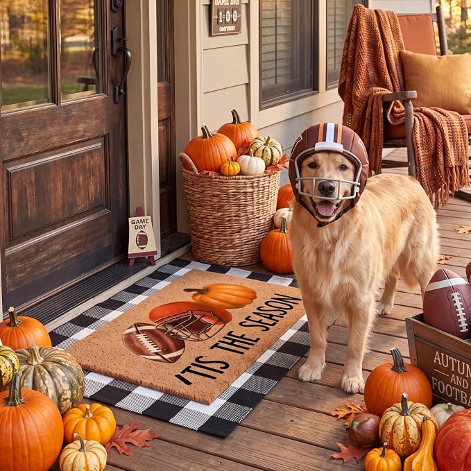 Moucuny 2 Pcs Fall Coir Doormat Outdoor Its The Season Football Doormat with Black and White Plaid Outdoor Rug Non Slip Mats for Autumn Entrance Porch Front Decor, 24'' x 35'', 16'' x 28''