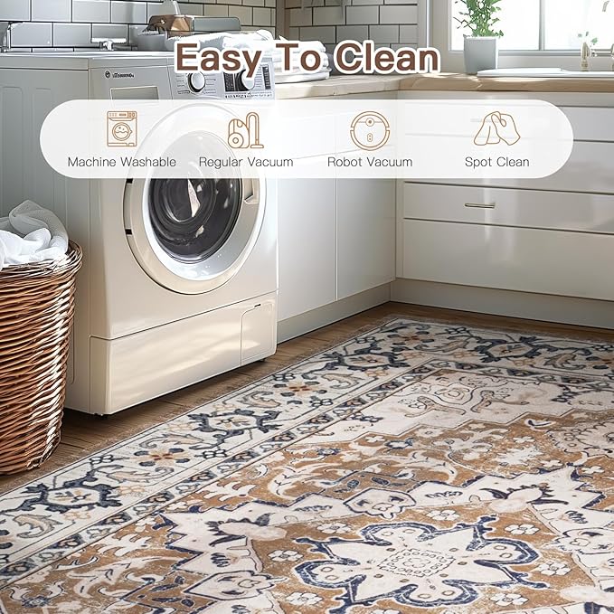 Lofus 8ft Area Rugs for Living Room, Washable Area Rug, Rugs for Bedroom, Kitchen, Vintage Boho Carpet, Soft Non-Slip, Low Pile Large Area Rug for Office Dining Room, Floral Brown